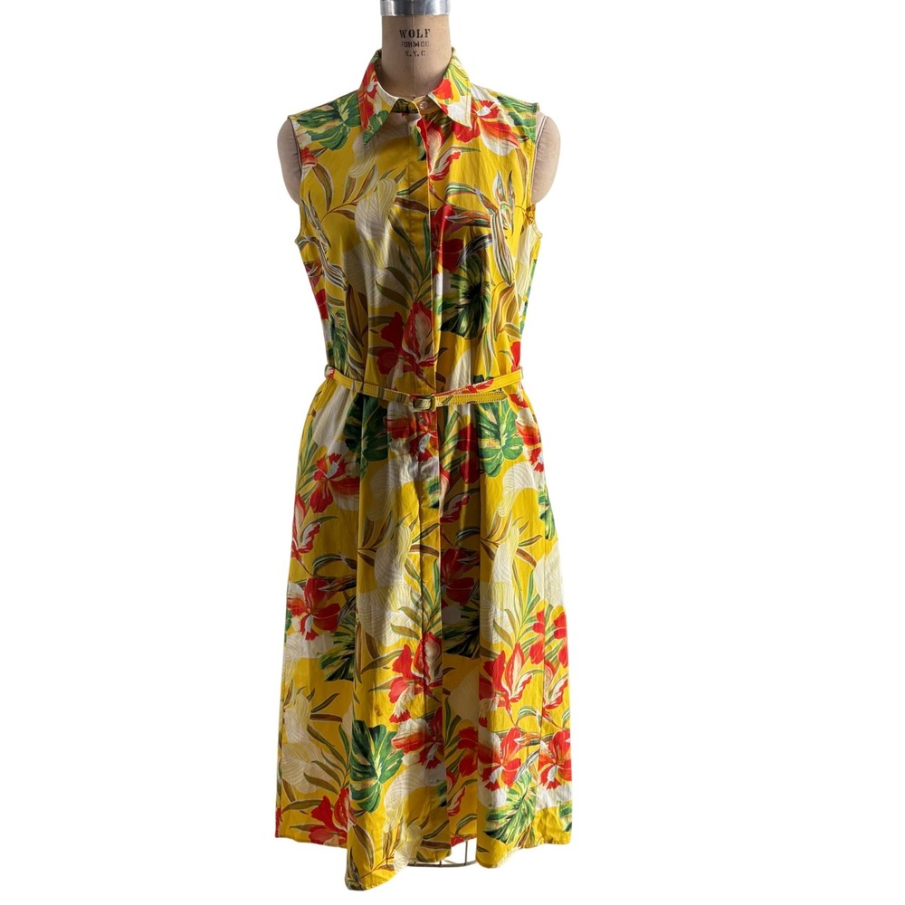 Rani Arabella Yellow Tropical Floral Cotton Sleeveless Midi Shirtdress Italy S